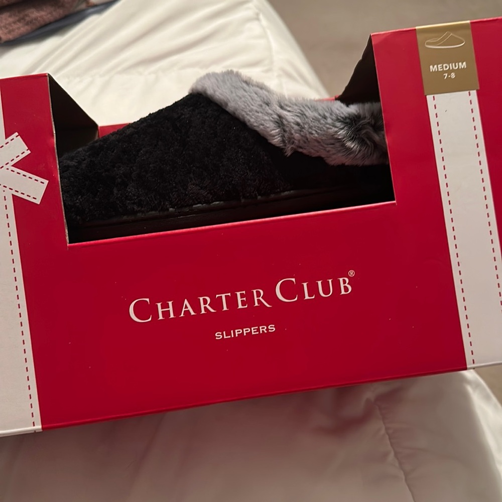 charter club slippers, brand new in the box, black soft memory foam slippers